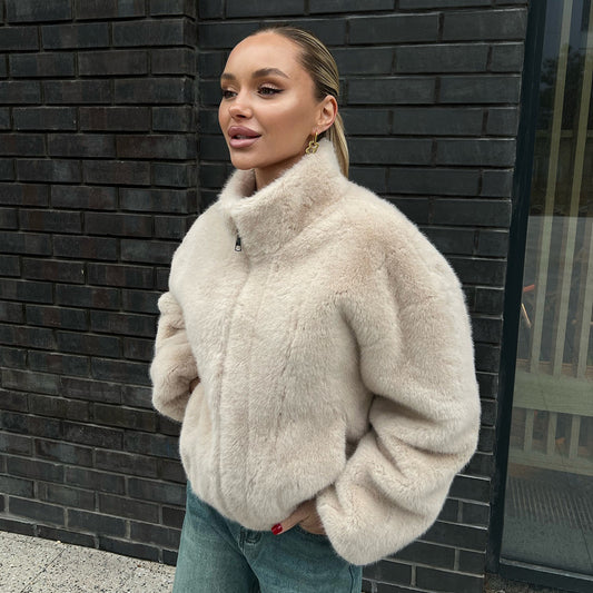 Stand Collar Plush Coat Autumn Winter with Zipper Furry Coat Warm Plush Coat for Women - Iyanka