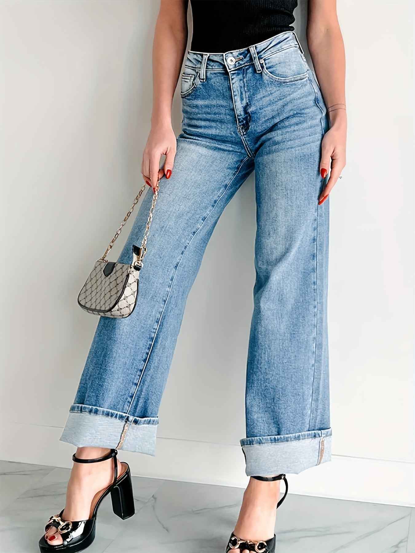 Women Straight Wide Leg Pants with Curling Denim Trousers