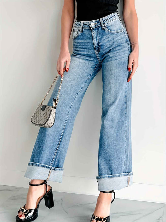 Women Straight Wide Leg Pants with Curling Denim Trousers