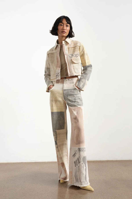 Retro Loose Print Wide Leg Straight Mop Denim Trousers