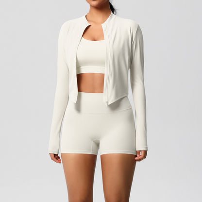 Solid Color Cloud Sense Yoga Bra Sports Coat Pilates Running Shorts Fitness Yoga Wear Three Piece Set for Women - Iyanka