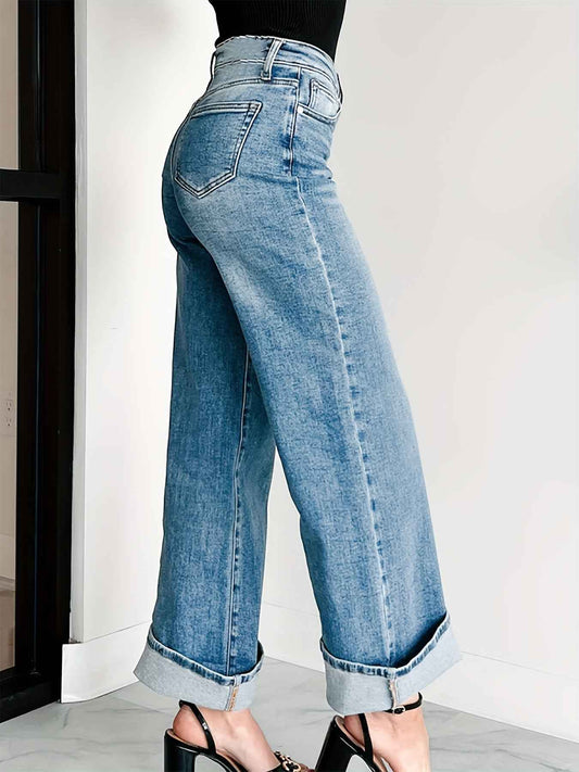 Women Straight Wide Leg Pants with Curling Denim Trousers