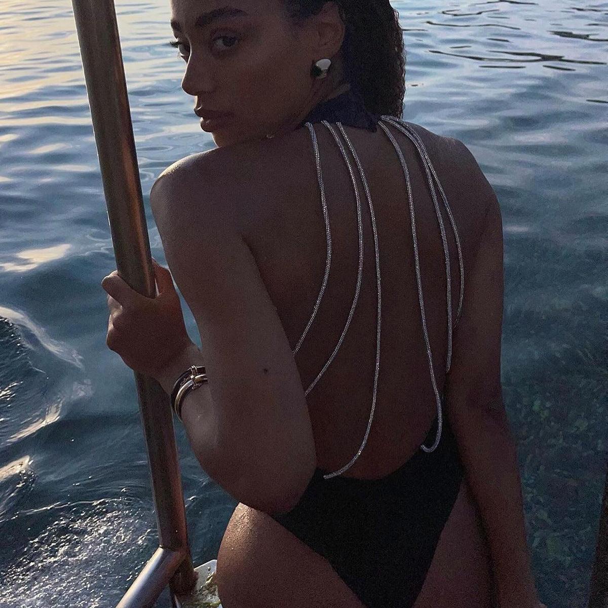 Pure Black One Piece Swimsuit Women Diamond Chain Sexy Backless One Piece Halter Strap Swimming - Iyanka