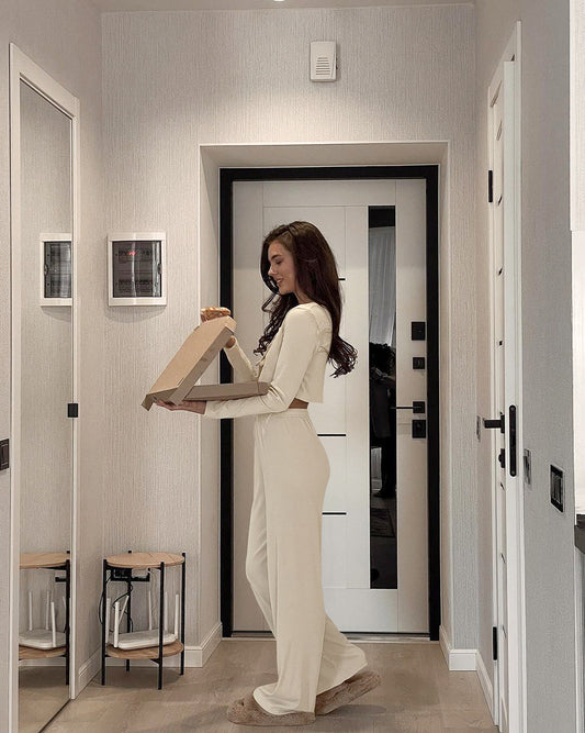 Autumn Winter Long Sleeve Lace up Trousers Two Piece Pajamas Knitted Sunken Stripe Ladies Homewear - Iyanka