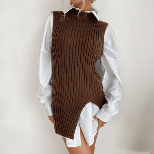 Dedicated for Early Autumn Middle East Women Split Solid Color Mid Length Vest Sweater - Iyanka