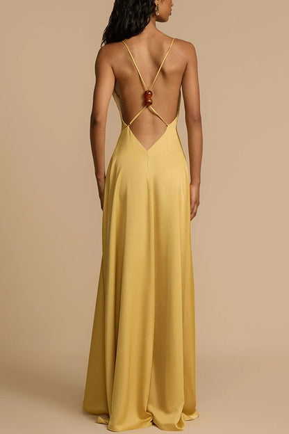 Summer Sexy Backless V neck Satin Maxi Dress Women - Iyanka
