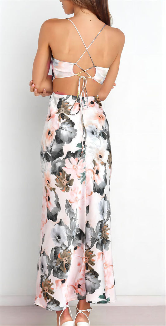 Summer Lace Printing Satin Elegant Dress for Women - Iyanka