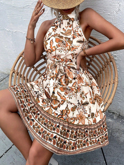 Summer Women Clothing Floral Tight Waist Halter Lace up Dress