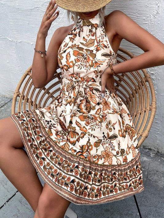 Summer Women Clothing Floral Tight Waist Halter Lace up Dress