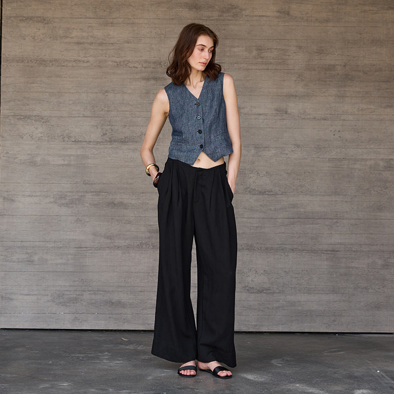 V neck Yarn Dyed Pure Linen Vest for Women Special Interest Design Vest Summer French Bandage Dress Vest - Iyanka