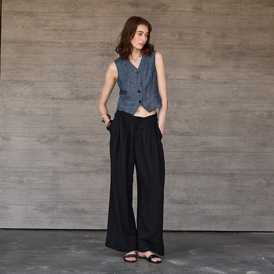 V neck Yarn Dyed Pure Linen Vest for Women Special Interest Design Vest Summer French Bandage Dress Vest - Iyanka