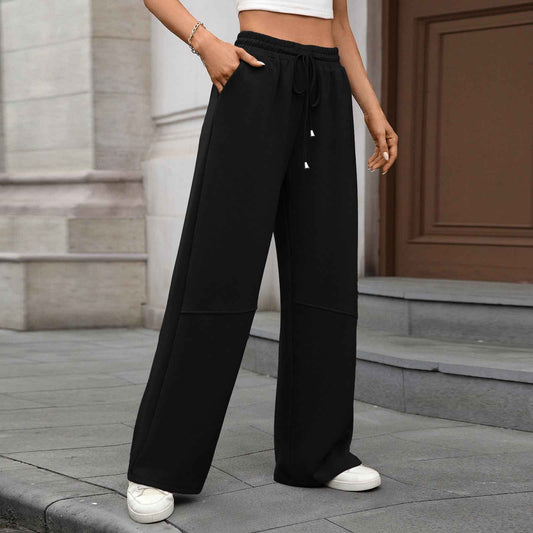 Autumn Winter Solid Color Elastic Waist Drawstring Pocket Wide Leg Pants Trousers for Women