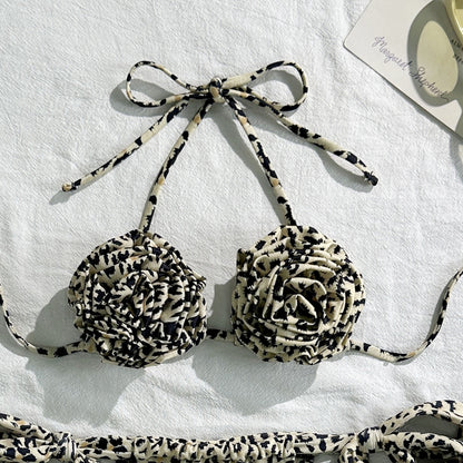 Leopard Print Floral Sexy Drawstring Strap Split Swimsuit Swimwear Bikini - Iyanka