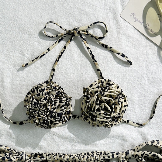 Leopard Print Floral Sexy Drawstring Strap Split Swimsuit Swimwear Bikini - Iyanka