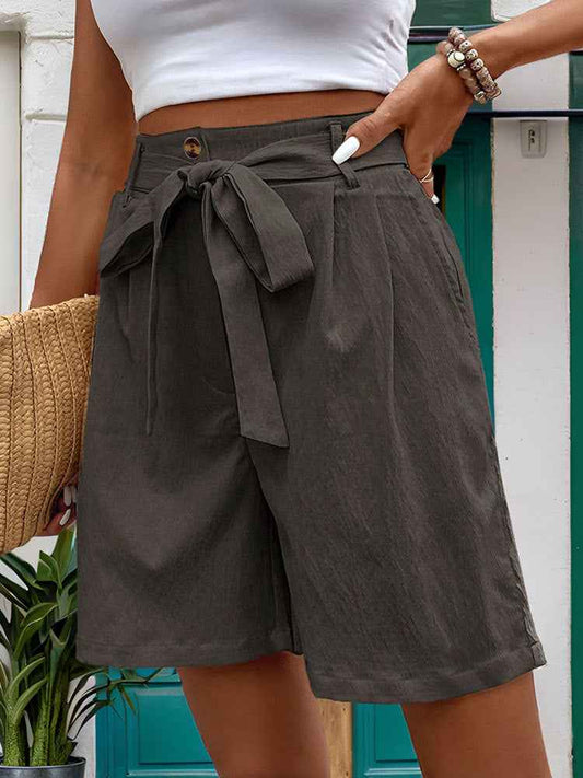 Women Clothes Casual Pants Women Tied Elastic Waist Solid Color Fifth Pants Office Wide Leg Shorts