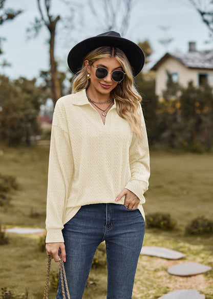 Autumn Winter Solid Color Polo Collar Loose Long Sleeve Sweatershirt Coat Women Jacket - Iyanka