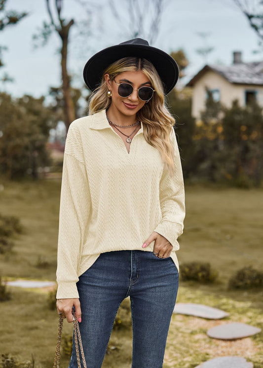 Autumn Winter Solid Color Polo Collar Loose Long Sleeve Sweatershirt Coat Women Jacket - Iyanka