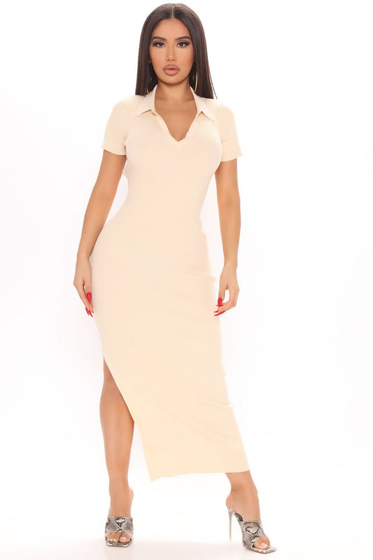 Summer New Women Rollneck Short-Sleeve Shirt Sexy Backless Fashion Slim Fit Slit Dress