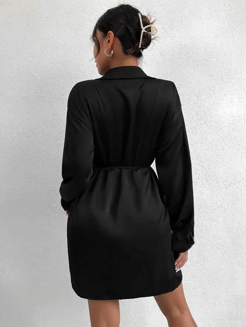 Women Clothing Long Sleeve Autumn Satin Dress Party Dress Waist Tight Satin Dress