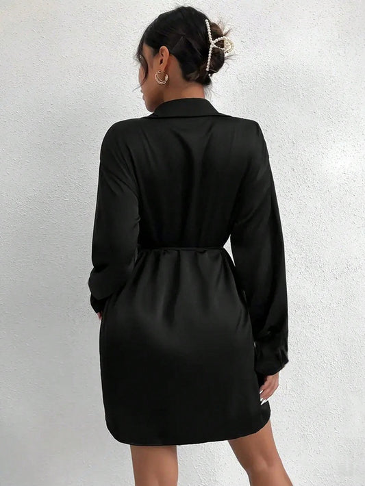 Women Clothing Long Sleeve Autumn Satin Dress Party Dress Waist Tight Satin Dress