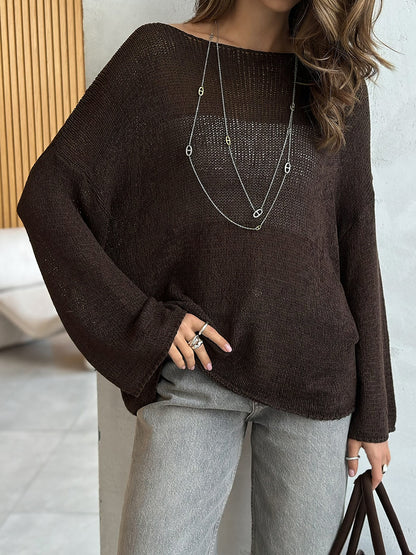 Simple Solid Color Long Sleeved Sweater Spring Knitted Hollow Out Cutout Top Casual Sweater - Iyanka