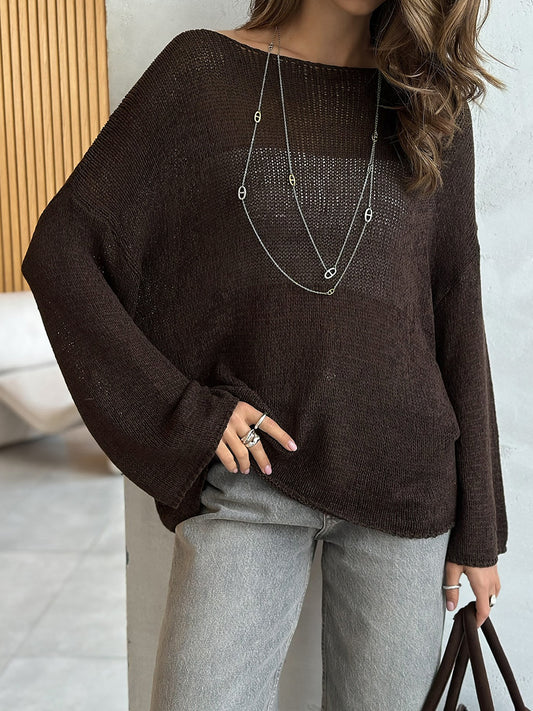 Simple Solid Color Long Sleeved Sweater Spring Knitted Hollow Out Cutout Top Casual Sweater - Iyanka