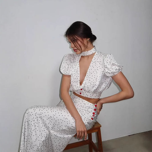 Elegant High Grade Polka Dot Satin Fishtail Skirt Skirt V neck Short Top Sexy Two Piece Sets - Iyanka