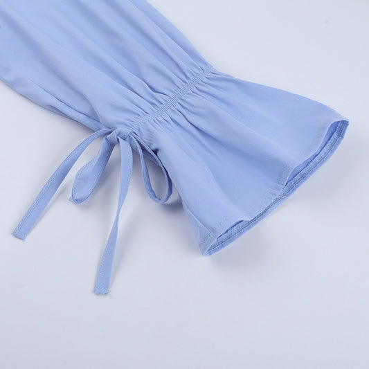 Loose Blue Long Sleeved Shirt Shorts Two Piece Sets Autumn Casual - Iyanka