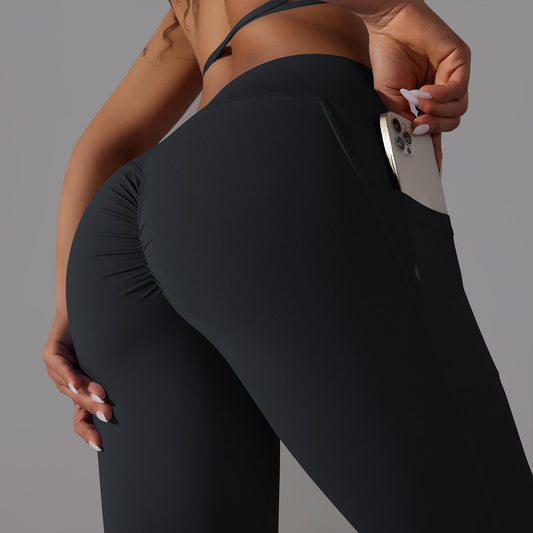 Solid Color Nude Feel Skin Friendly Cross Waist Pocket Yoga Pants High Waist Hip Lift Stretch Fitness Sports Ninth Pants - Iyanka