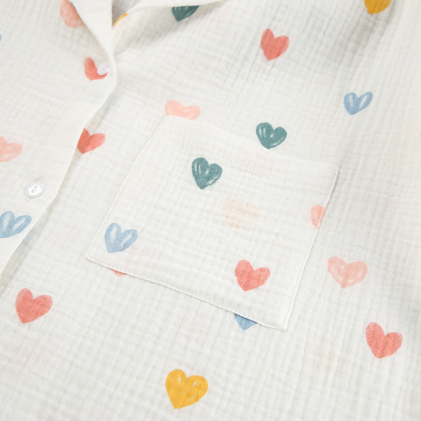 Summer Layer Crepe Heart Printing Pajamas Two Piece Cardigan Half Sleeve Shorts Women Homewear - Iyanka