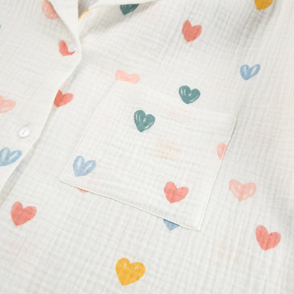 Summer Layer Crepe Heart Printing Pajamas Two Piece Cardigan Half Sleeve Shorts Women Homewear - Iyanka