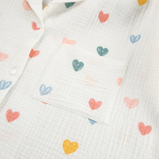 Summer Layer Crepe Heart Printing Pajamas Two Piece Cardigan Half Sleeve Shorts Women Homewear - Iyanka