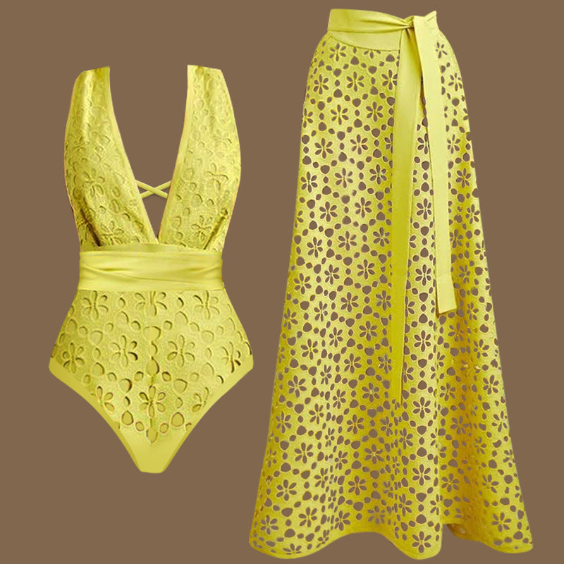 V neck Hollow Out Cutout High Sense One Piece Swimsuit Women Vacation Beach - Iyanka