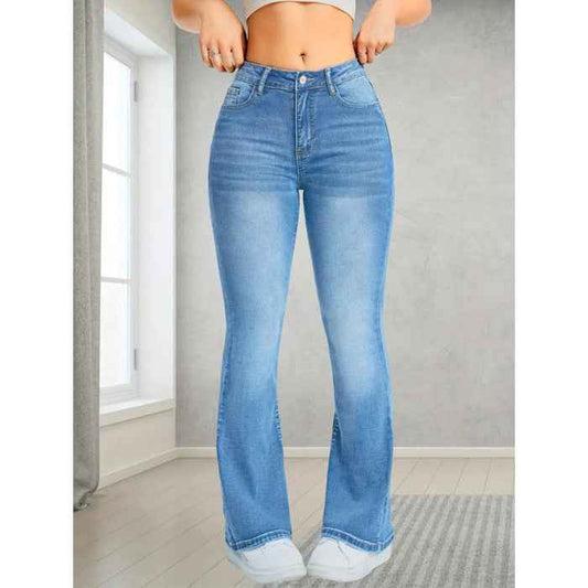 Women Jeans Stretch Multi Craft Pocket Design Loose Flared Pants Slim Fit Light Blue Trousers