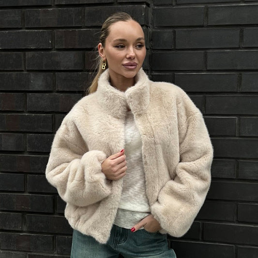 Stand Collar Plush Coat Autumn Winter with Zipper Furry Coat Warm Plush Coat for Women - Iyanka