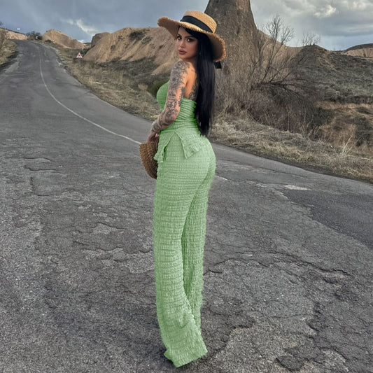 Summer Women Clothing Sexy off the Shoulder Tube Top Beveled Top Slim Trousers Two Piece Sets - Iyanka