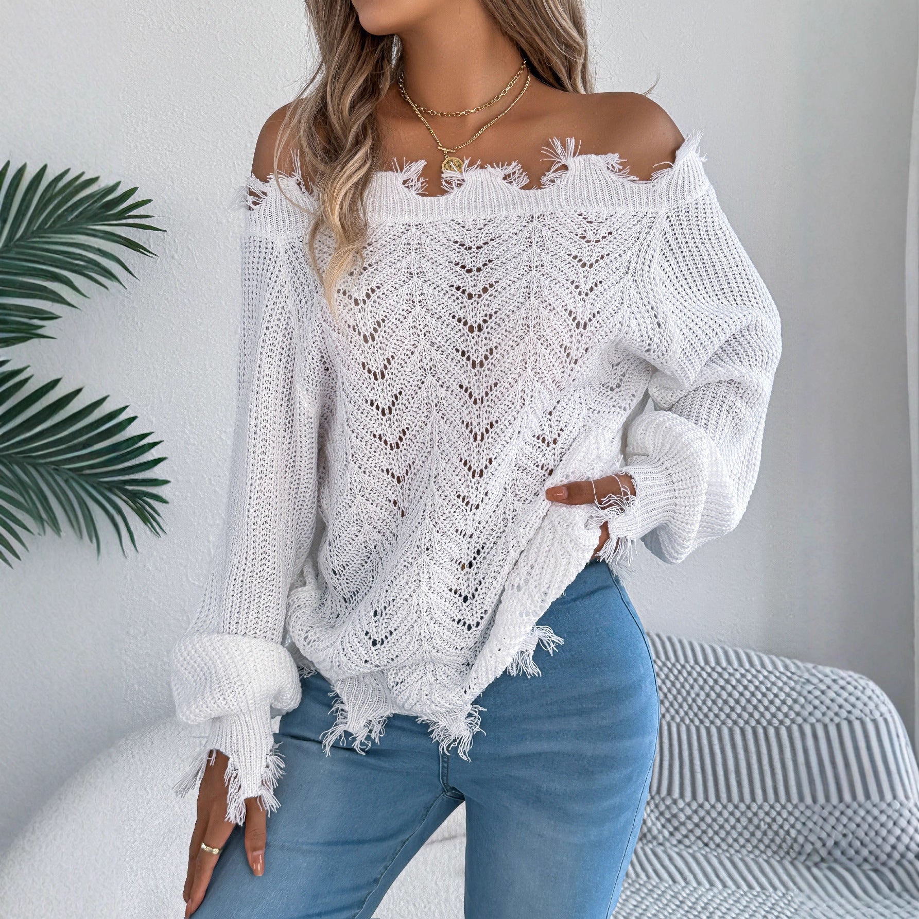 Autumn Winter Solid Color Hollow Out Cutout out Long Sleeve Cut off Shoulder Pullover Sweater Women Clothing - Iyanka