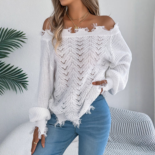 Autumn Winter Solid Color Hollow Out Cutout out Long Sleeve Cut off Shoulder Pullover Sweater Women Clothing - Iyanka