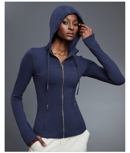 Yoga Jacket Women Slim Fit Slimming Hooded Cardigan Coat Running Sports Fitness Long Sleeved Upper Garment - Iyanka