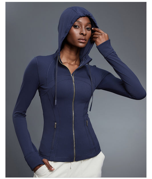 Yoga Jacket Women Slim Fit Slimming Hooded Cardigan Coat Running Sports Fitness Long Sleeved Upper Garment - Iyanka