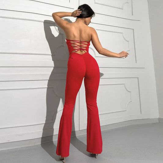 Women Spring Summer Tube Top Backless Lace up Cutout Solid Color Sheath Slightly Flared Jumpsuit - Iyanka