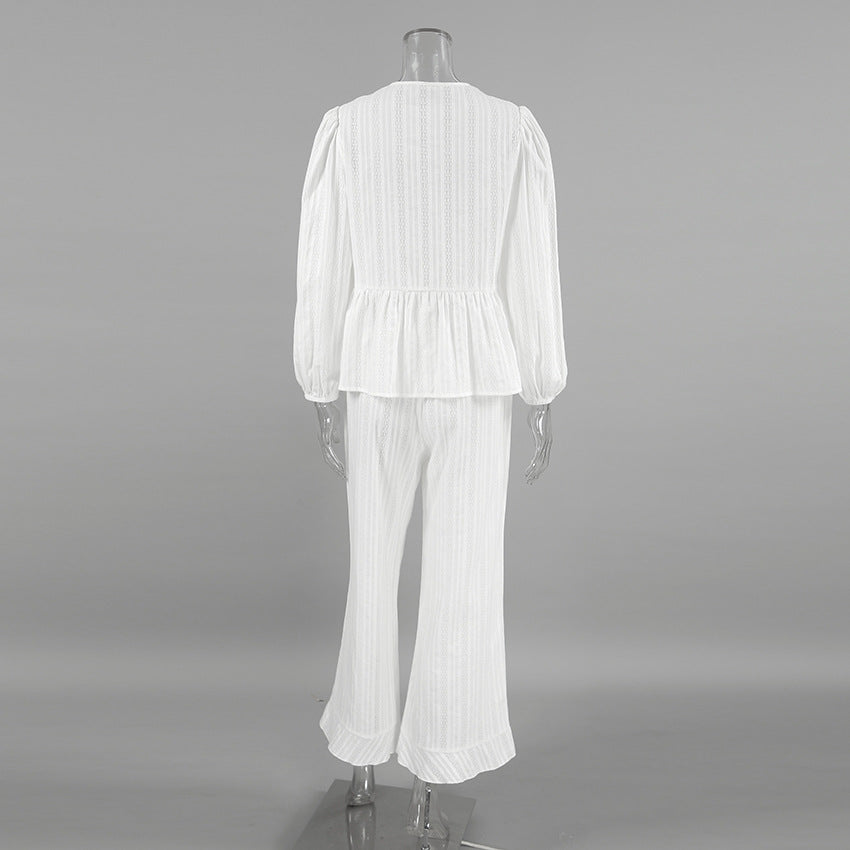 Autumn Winter Loose Comfortable Cotton Hollow Out Cutout out Long Sleeved Trousers Pajamas Ladies Homewear - Iyanka