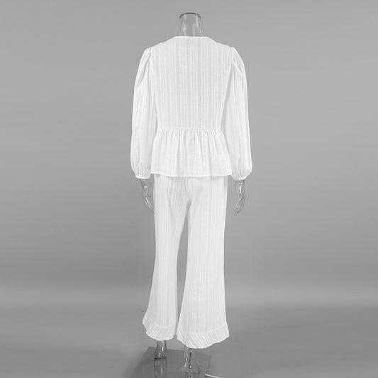 Autumn Winter Loose Comfortable Cotton Hollow Out Cutout out Long Sleeved Trousers Pajamas Ladies Homewear - Iyanka