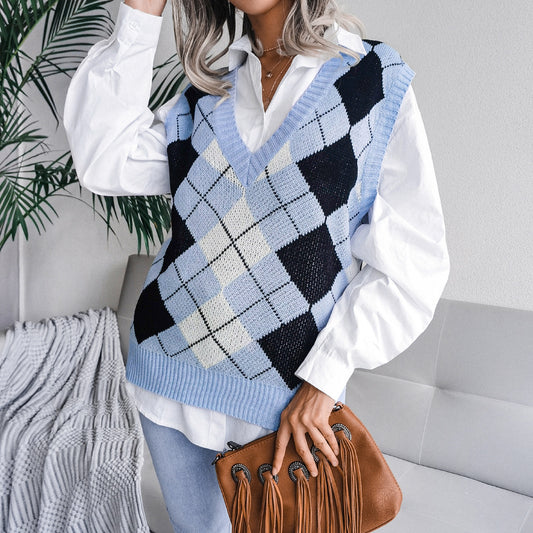 Autumn Winter College Rhombus V-neck Casual Loose Knit Vest Sweater Women Clothing - Iyanka