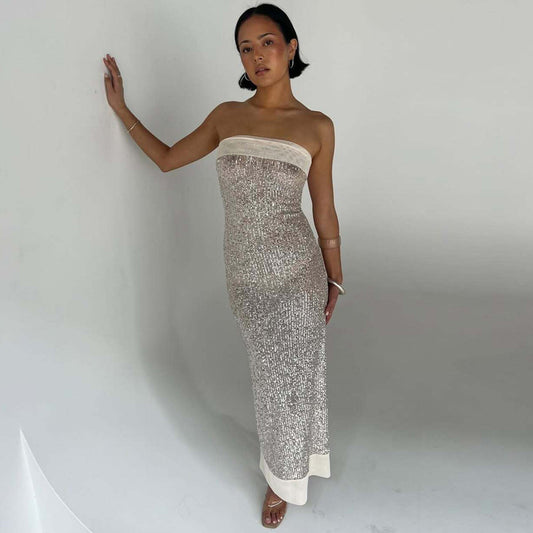 Sexy Tube Top Solid Color Slim Long Socialite Close-Fitting Sequ Dress Women - Iyanka