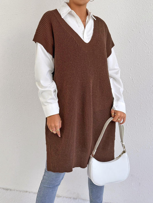 Women Outerwear Vest Women Mid Length Vest Deep V Plunge Loose Casual Sweater Vest Dress(Excluding Belt) - Iyanka