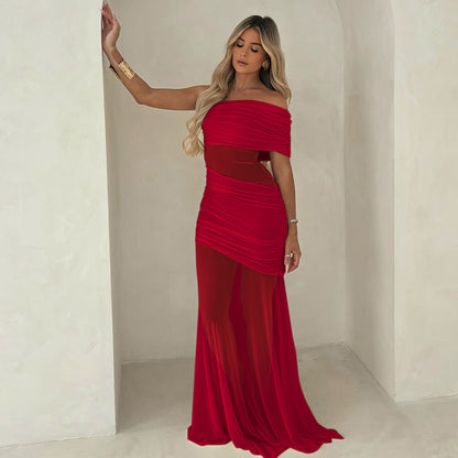 Women Clothing Summer off Neck Mesh Stitching Sexy Slim Fit Pleated Dress