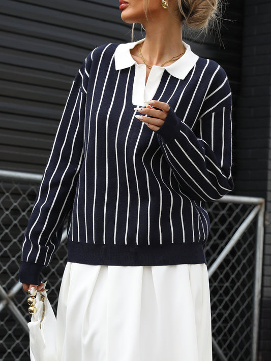 Autumn College Casual Street Trendy Polo Collar Stripes Women Sweater - Iyanka
