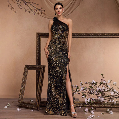 Long Elegant Oblique Shoulder Cocktail Party Dinner Dress Luxury Slit Bridesmaid Graduation Dress - Iyanka