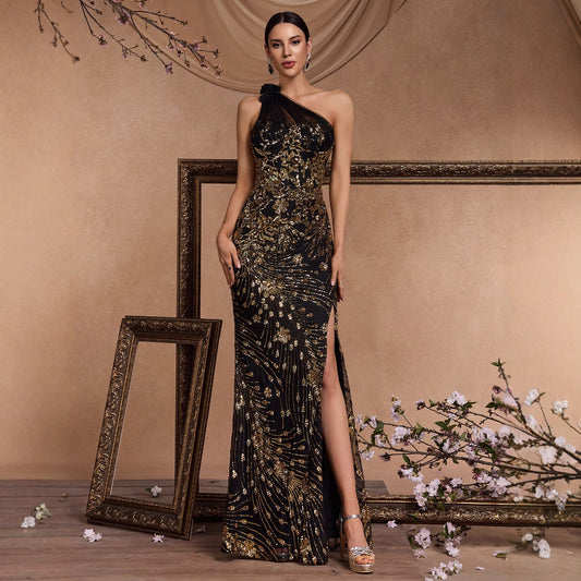 Long Elegant Oblique Shoulder Cocktail Party Dinner Dress Luxury Slit Bridesmaid Graduation Dress - Iyanka